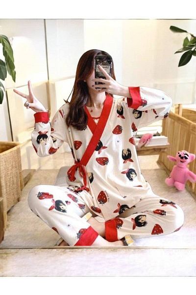 CSR HOMEWEAR Women's Front Tie Pajama Set Strawberry Girl