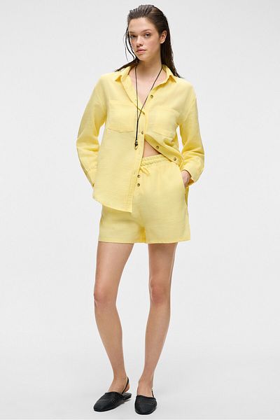 GRIMELANGE Dens Women's 100% Cotton Muslin Fabric Relaxed Cut Yellow Shorts with Buttons and Pockets on the Front