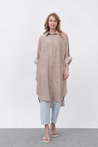 Puane Women's Oversize Linen Look Buttoned Tunic Shirt
