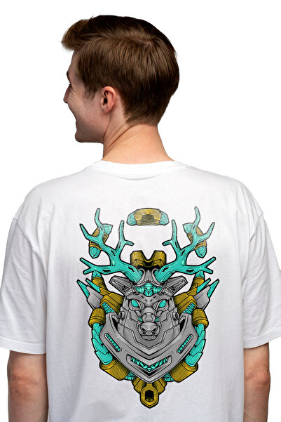 StoryGift Romania Tricou Barbati Cu Cap De Cerb, Robot, Mecha, Cyberpunk, Coarne, cu imprimeu pe Spate, 100 STG