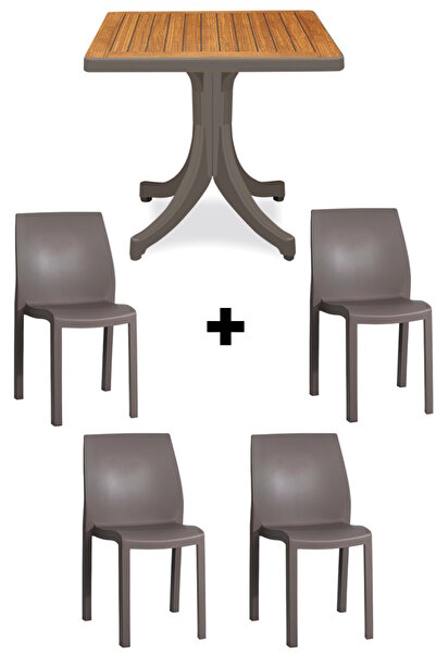 Papatya Yummy Plastik Bahçe Balkon Seti Kahve : 80x80 Masa + 4 Sandalye Takım