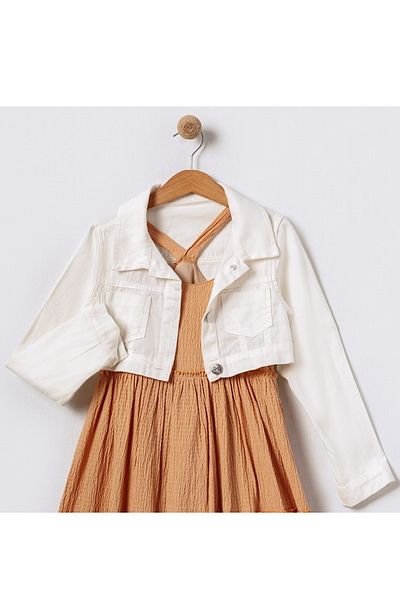 Bebüş Girl's White Jacket and Brown Dress Suit, Double Suit Stylish Combination Suit 15601
