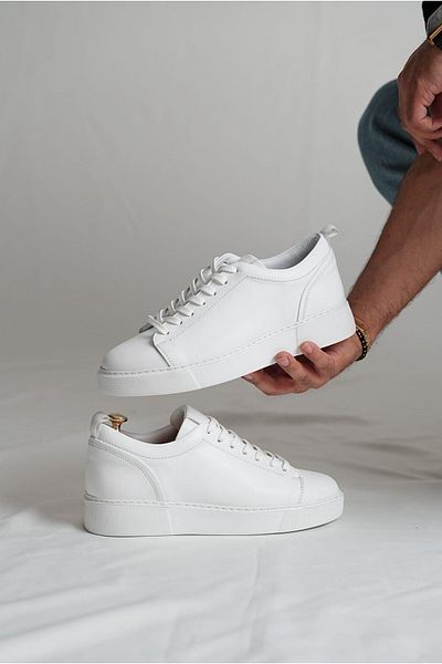 TETRİ Dina Model Genuine Leather Handmade Men's White Sneakers Shoes