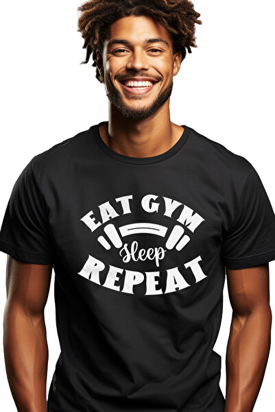 StoryGift Romania Tricou bărbătesc cu o ganteră și mesajul „mănâncă Gym, Slee...