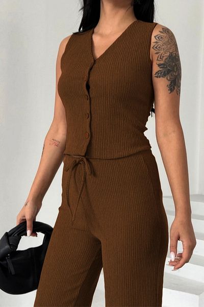 Siner Fashion Women's Brown Vest High Waist Trousers Summer Suit