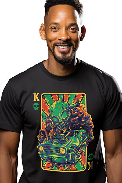 StoryGift Romania Tricou bărbătesc cu craniu de carte de joc K, mașină de cur...