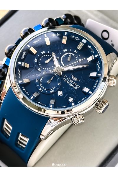 FERRO Sports Men's Watch, Active Functions, Navy Blue Silicone, with Calendar, Bracelet Gift