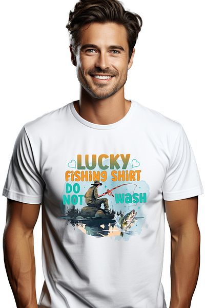 StoryGift Romania Tricou Barbati cu un pescar cu mesajul "Lucky fishing shirt, do not wash", ilustratie, nu STG