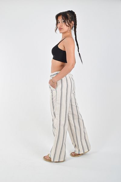 REİNA TEKS Linen Palazzo Trousers Cotton Black Thick Striped 1 Piece