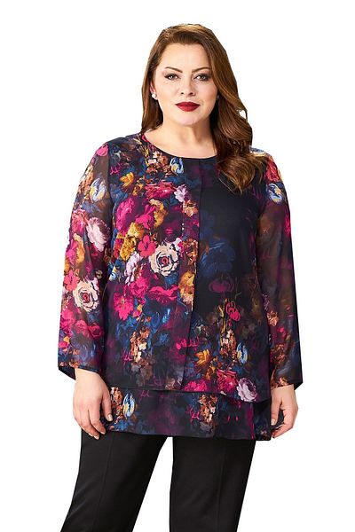LİLAS XXL Plus Size Pink Color Floral Chiffon Blouse