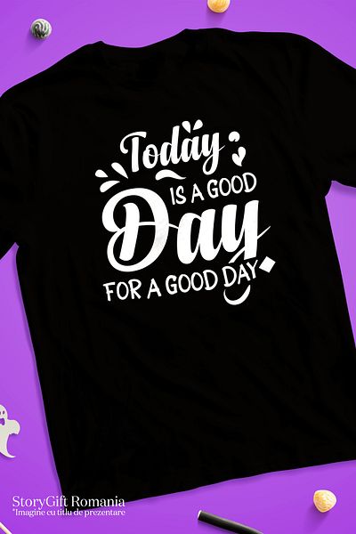 StoryGift Romania Men's T-shirt for those who have a good day with print on the front, 100% Cotton, Black, M STG