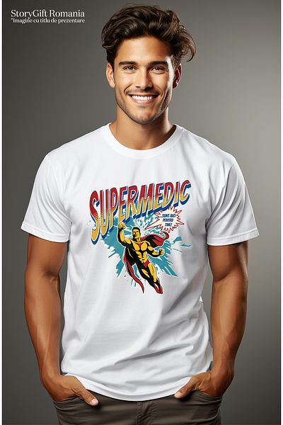 StoryGift Romania Tricou Barbati Super Medic Super Erou, Sunt Aici Pentru Tine Cu Imprimeu Pe Fata, 100% Bum Stg
