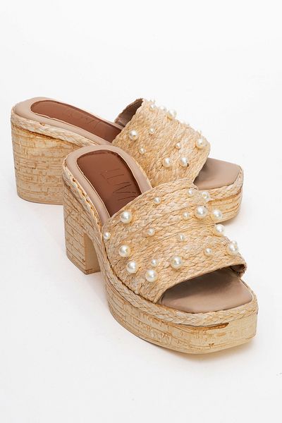 LuviShoes Papuci cu toc cu platformă RAYNE Bej din răchită perlat