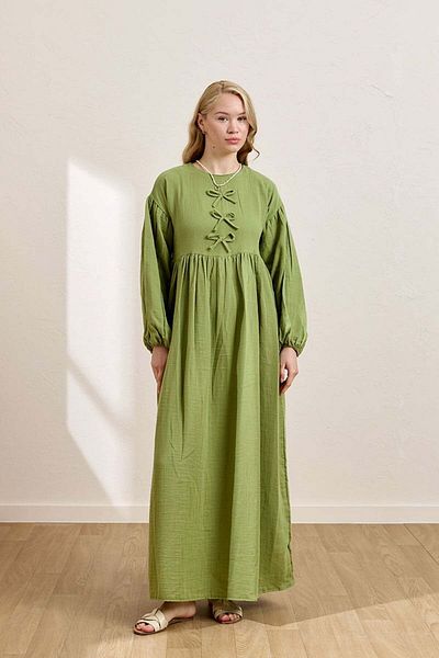 Ceylan Otantik Pistachio Green Muslin Bow Belroba Dress