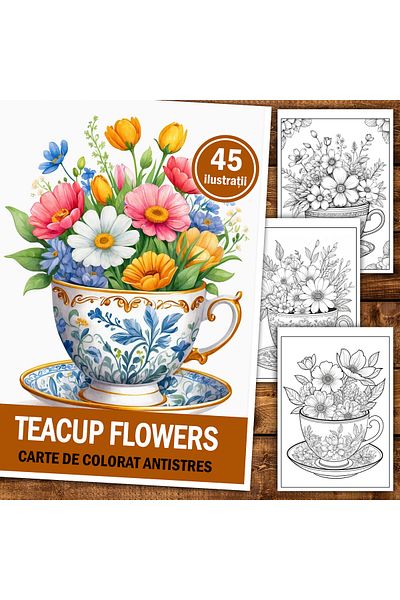Legendary Gifts Anti-stress Coloring Book, 45 Illustrations, Teacup Flowers, 96 Pages, Format: A5