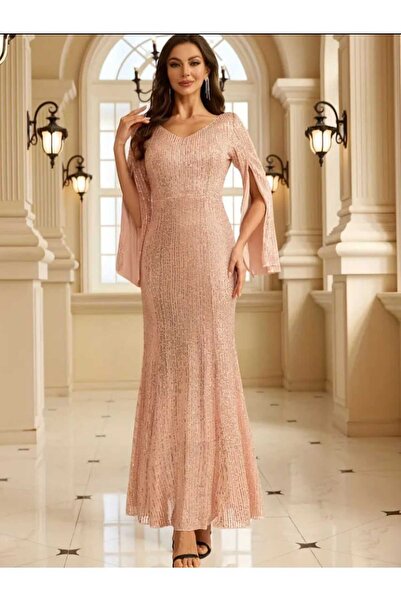 MODAS UZUN KOLL V YAKA PULL PAYETLİ ABİYE ELBİSESİ