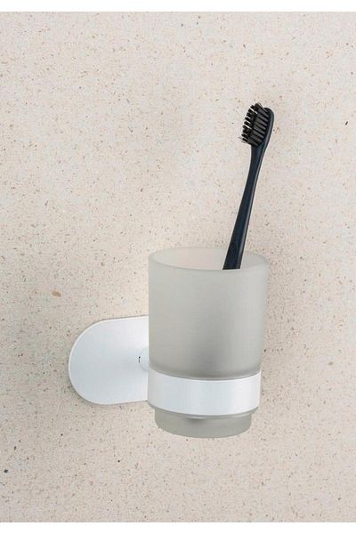 Saban Wall Mounted Toothbrush Holder – Matte White, Stainless Steel Holder, Satin Glass Bowl, Adhesive Mo