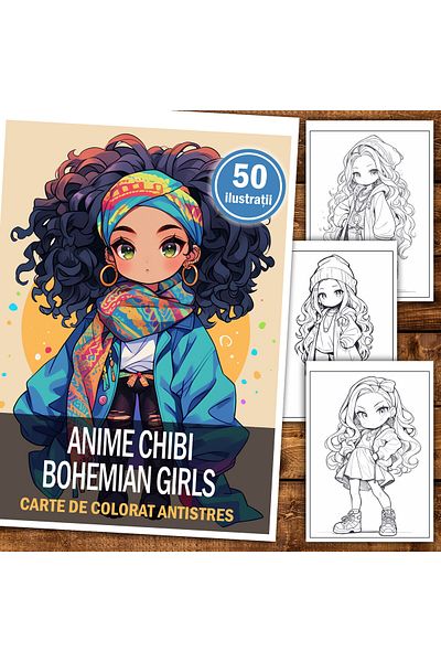 Legendary Gifts Anti-stress Coloring Book, 50 Illustrations, Anime Chibi Bohemian Girls, 106 Pages, Format: A5