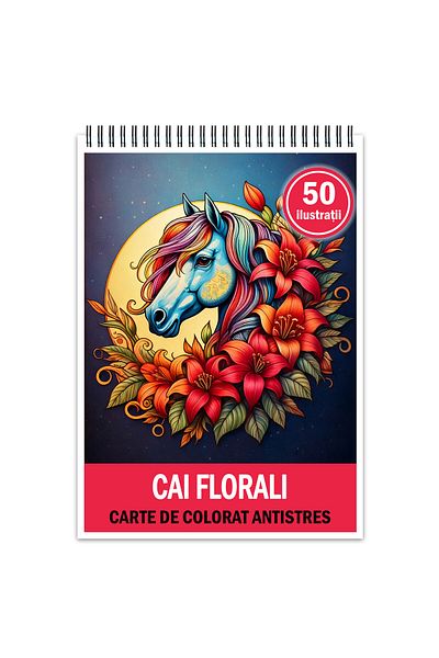 Legendary Gifts Anti-stress Coloring Book, 50 Floral Horses Illustrations, 106 Pages, Format: A5