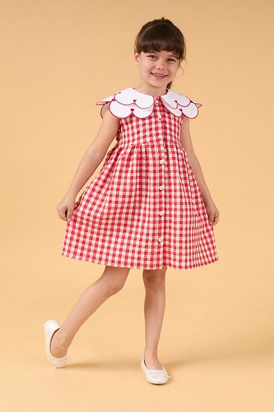 Minipodyum Girl's Gingham Pattern Collar Embroidered Summer Dress