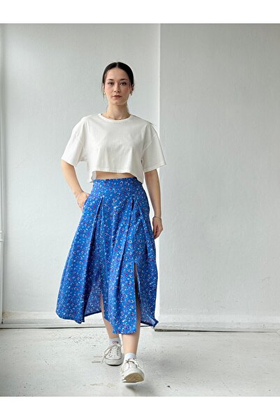 Retrobird Yüksek Bel Yırtmaçlı Midi Boy Etek Kadın Mavi