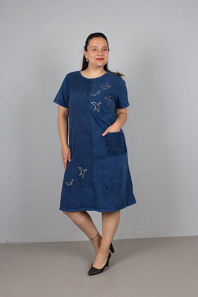 Truva XXL Large Size Washed Cotton Navy Blue Dress – Butterfly Stone Printed Sizes 42-56