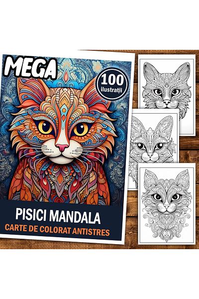Legendary Gifts Mega Anti-stress Coloring Book, 100 Illustrations With Mandala Cats, 206 Pages, Format: A5