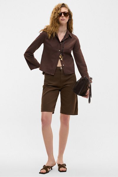 GRIMELANGE Makayla Women's 100% Cotton Linen Look Flared Wide Sleeve Fitted Brown Shirt