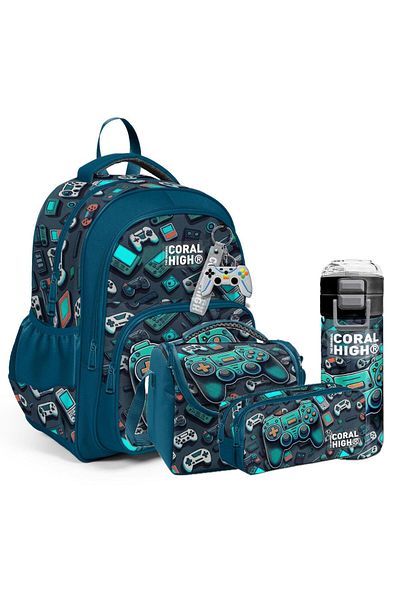 Coral High Set de 4 genți de școală cu model pentru copii (ghiozdan, suport pentru stilou, nutriție, sticlă de apă)