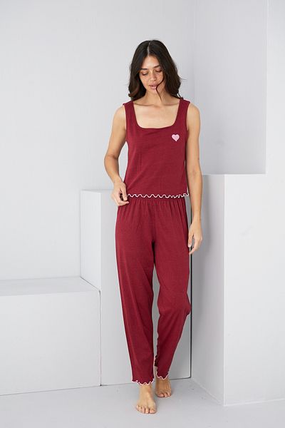 Siyah İnci Set de pijamale tricotate cu curea groasă brodate cu inimă burgundă7884