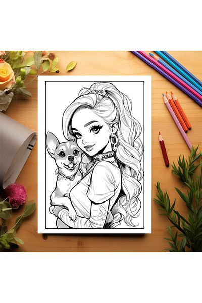 Legendary Gifts Adult Coloring Book, 50 Illustrations, Anime Girls With Dogs, 106 Pages