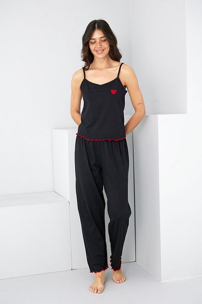 Siyah İnci Black Heart Embroidered Rope Strap Knitted Pajama Set7883