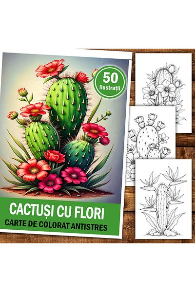 Legendary Gifts Anti-stress Coloring Book, 50 Illustrations Of Cacti With Flowers, 106 Pages, Format: A5