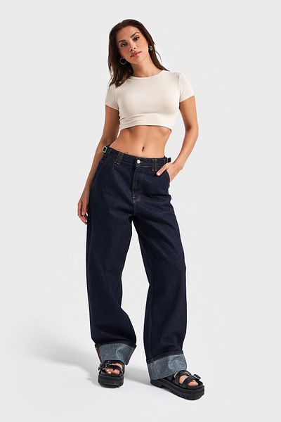 its basic Γυναικείο Indigo Color 7s5-50 Baggy Loose Fit Loose Cut Leg Λεπτομέρεια 100% Cotton Denim Jean
