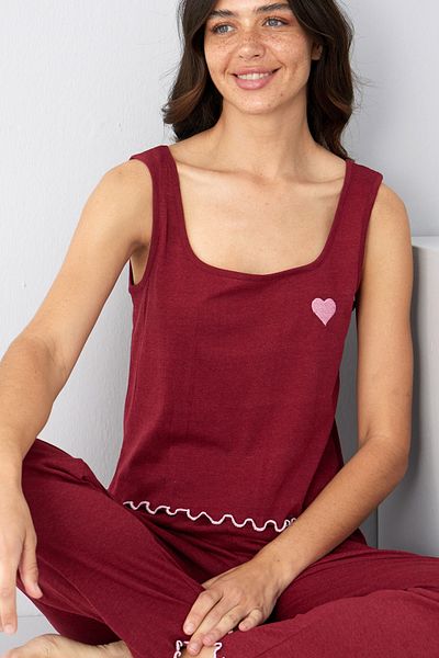 Siyah İnci Set de pijamale tricotate cu curea groasă brodate cu inimă burgundă7884