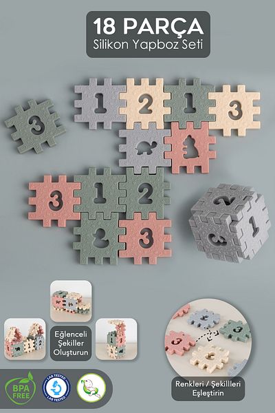 Meleni Baby 18 Piece Silicone Puzzle Toy - Baby Kids Educational Game Animal Number Detailed Cube Toy Colorful