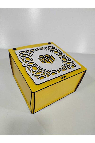 Vuslat Hediyelik SARI AHŞAP HEDİYE KUTUSU BEYAZ DEKOR (15X15 CM) 9 CM YÜKSEKLİK