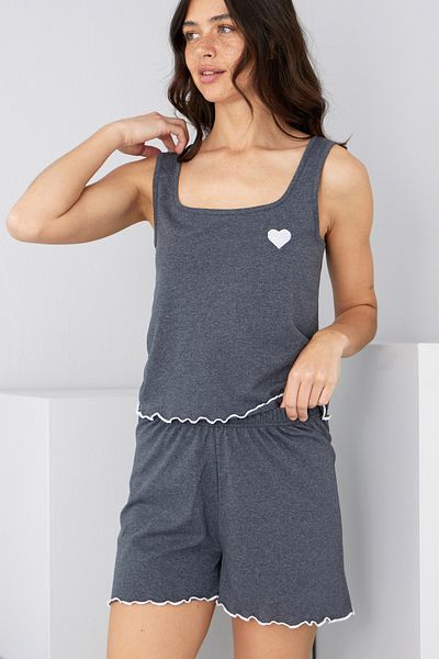 Siyah İnci Anthracite Heart Embroidered Thick Strap Knitted Shorts Set7882