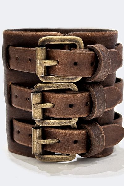NARKİSSOS Brown Men's Leather Bracelet - Handcrafted Antique with Three Belts