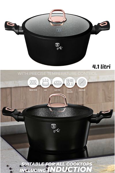 Berlinger Pot With Lid Marble Nonstick 4.1 L - 24 Cm Black Rose Collection Induction All Hobs