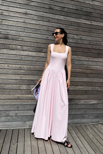 Seda Yalçın Atelier Thick Strap Square Neck Pink Dress