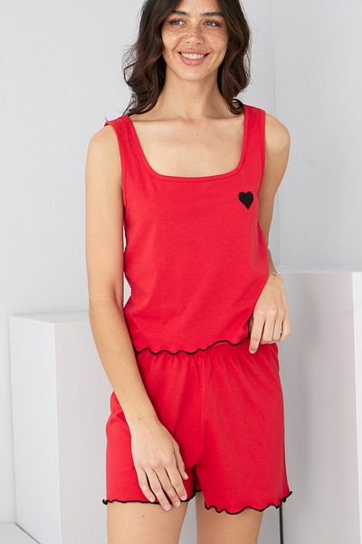 Siyah İnci Set pantaloni scurți tricotați cu curea groasă brodate inimă roșie7882