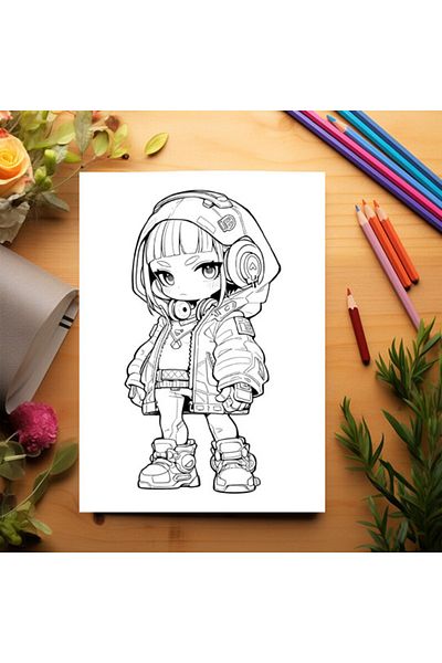 Legendary Gifts Adult Coloring Book, 50 Chibi Cyberpunk Girls Illustrations, 106 Pages