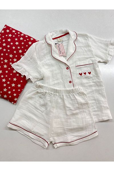 Serbella Red Love White Organic Muslin Pantaloni scurți Costum de pijama Bumbac Anti-transpirație