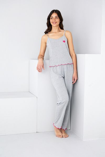 Siyah İnci Gray Heart Embroidered Rope Strap Knitted Pajama Set7883