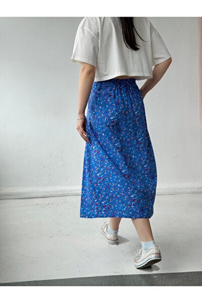 Retrobird Yüksek Bel Yırtmaçlı Midi Boy Etek Kadın Mavi