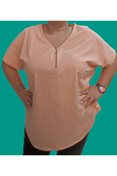 Barato V-Neck Zipper Detailed Plus Size Cotton Fabric Premium Blouse