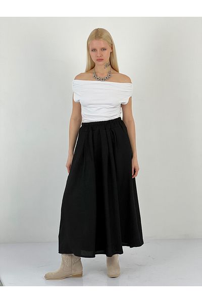 Miss Poem Women's Pleated Black Linen Skirt with Pockets