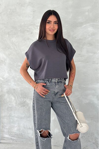 FEMELLE Women's Anthracite Round Neck Modal Fabric Basic T-Shirt