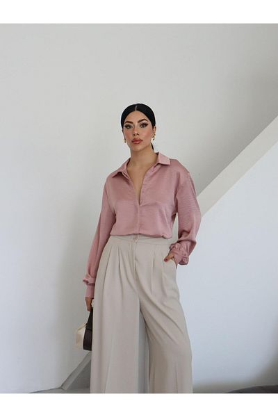 Appleline Cămașă de damă simplă clasică cu guler din satin SOMON
